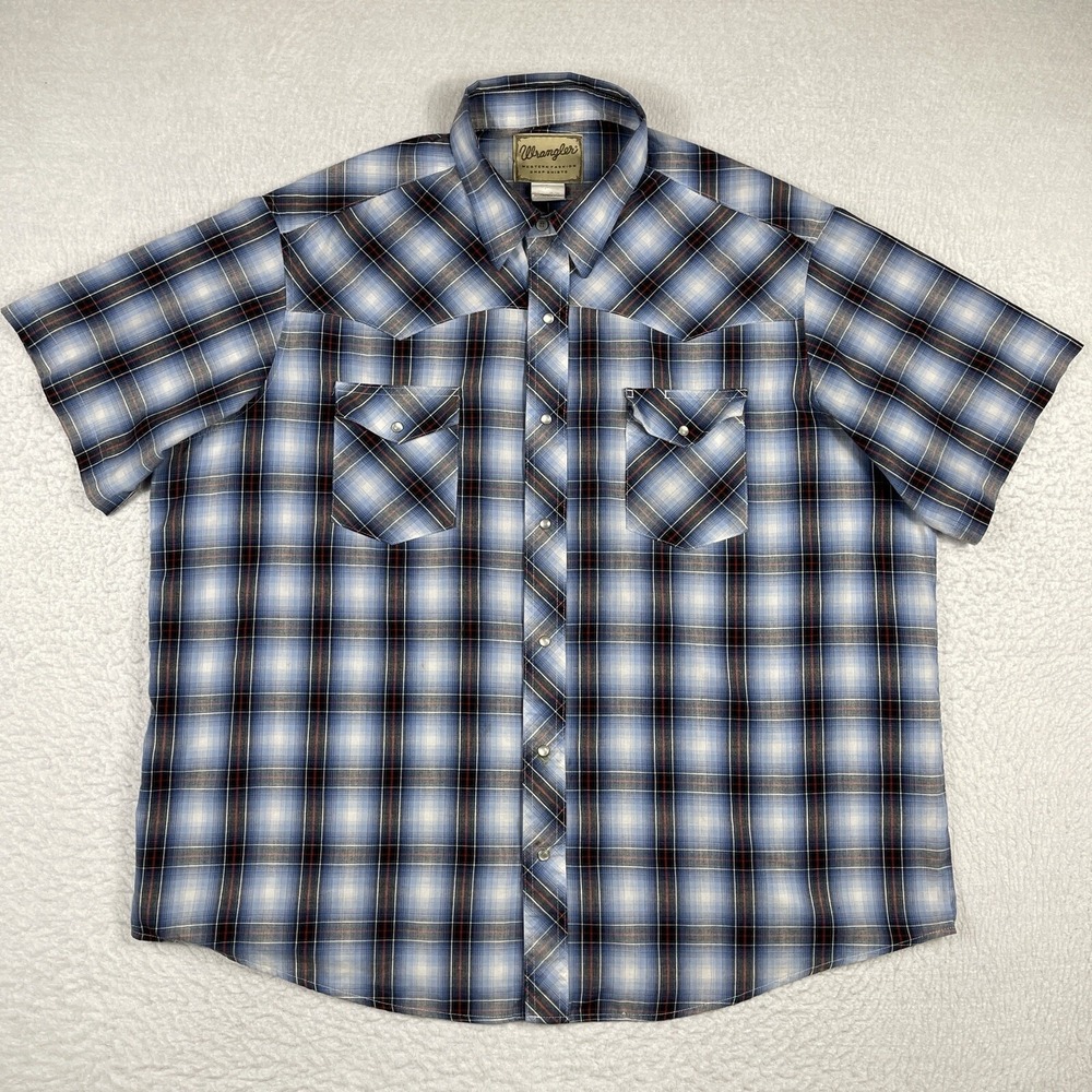 Wrangler Shirt Mens XXL Blue Plaid Pearl Snap Western Cowboy Workwear Rodeo